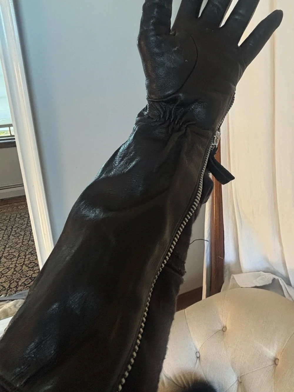 Black Quilted Long Leather Gloves - Men Accessories